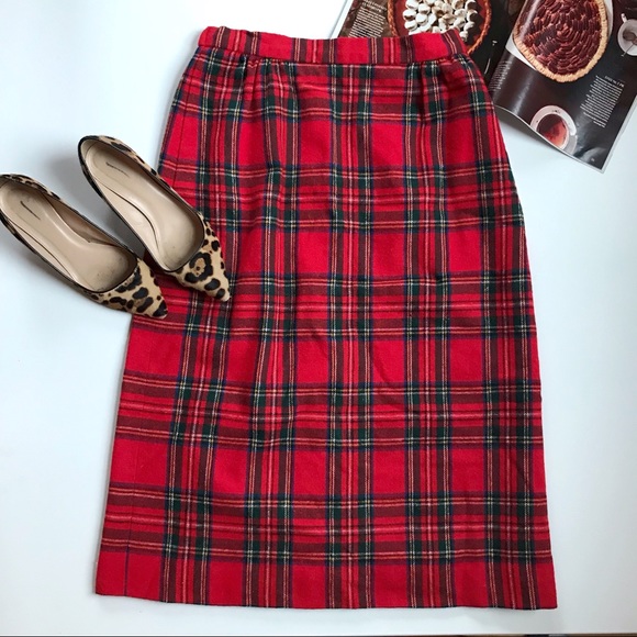 Vintage Dresses & Skirts - Vintage Red Tartan Plaid Skirt Wool 27” Waist